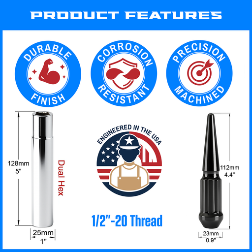 Product features with icons and measurements for EZAccessory 1/2" thread spline spike lug nuts