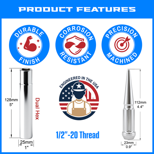 EZAccessory product features of a full set of spline spike lug nuts, touting corrosion resistance, and precision machining, along with an American-made badge.