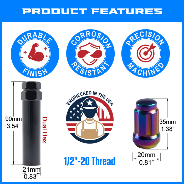 Spline Drive Tuner Lug Nuts 1/2" Neochrome