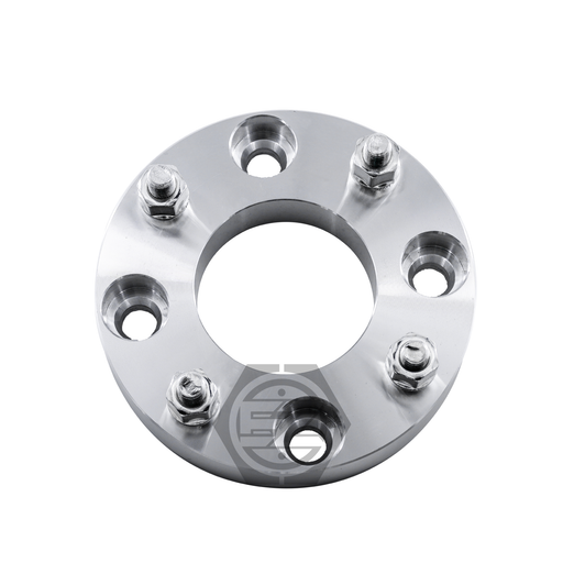 The CNC machined aluminum ATV Wheel Adapter 4 Lug 144 To 4 Lug 156 comes in a pair, featuring a shiny design with a partially visible logo. It has five bolt holes, nuts, and larger central openings on its circular form, making it ideal for ATV hub adapters.