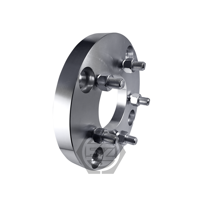 Close-up of a sleek billet aluminum Wheel Adapter 4 Lug 156 To 5 Lug 4.5 (Pair). Five lug bolts highlight its cylindrical shape with a hexagonal logo, set against a light gray background, ideal for ATV transformations from 4 lug to 5 lug configurations.