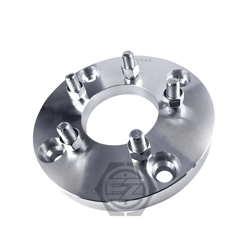 A shiny aluminum Wheel Adapter 4 Lug 156 To 5 Lug 4.5 includes five circularly arranged bolts and a large central cutout as an ATV adapter with a visible logo.
