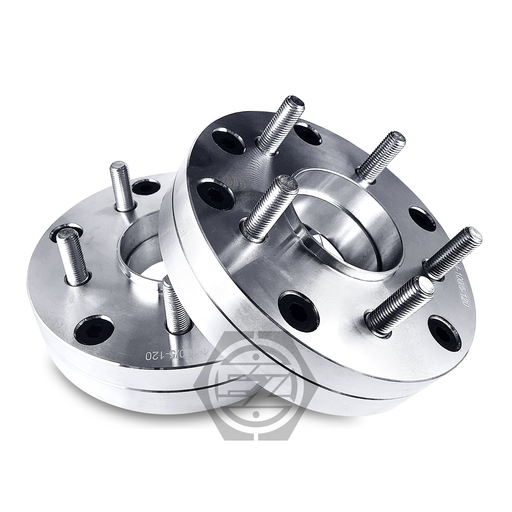 Two Hub Centric Wheel Adapters, each 1.5 thick, are slightly angled showcasing multiple bolt holes for a 4x100 bolt pattern against a white backdrop.