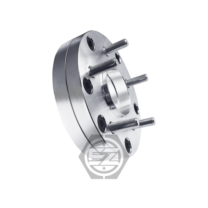 The polished metal Hub Centric Wheel Adapter 4x100 To 5x120 has threaded studs and angled bolt holes with a central opening for a 4 lug 100mm pattern. A transparent overlapping letter logo is at the bottom.