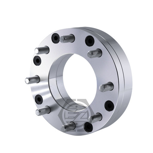 Close-up of a silver Wheel Adapter 5 Lug 150 to 8 Lug 170, designed for installation between vehicle wheel and hub to alter offset. Ideal for 8x170 bolt pattern wheels, this cylindrical spacer features partially inserted bolts, perfect for adjusting your Toyota Tundra’s wheels.