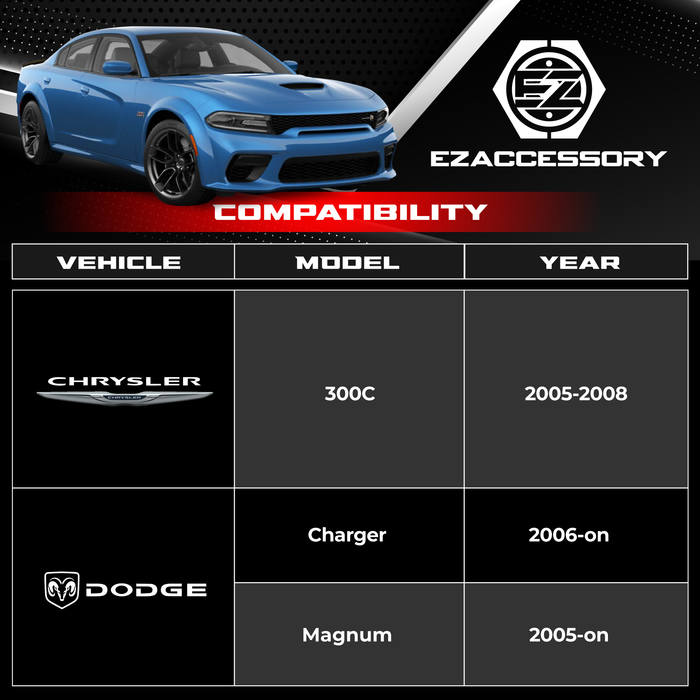 Image of a blue Dodge Charger with an EZaccessory compatibility table for CNC machined 6061 T6 billet aluminum Wheel Adapter 5x115 To 5x115 (Pair). Compatible vehicles: Chrysler 300C (2005-2008), Dodge Charger (2006-on), and Magnum (2005-on). Chrysler and Dodge logos are displayed.
