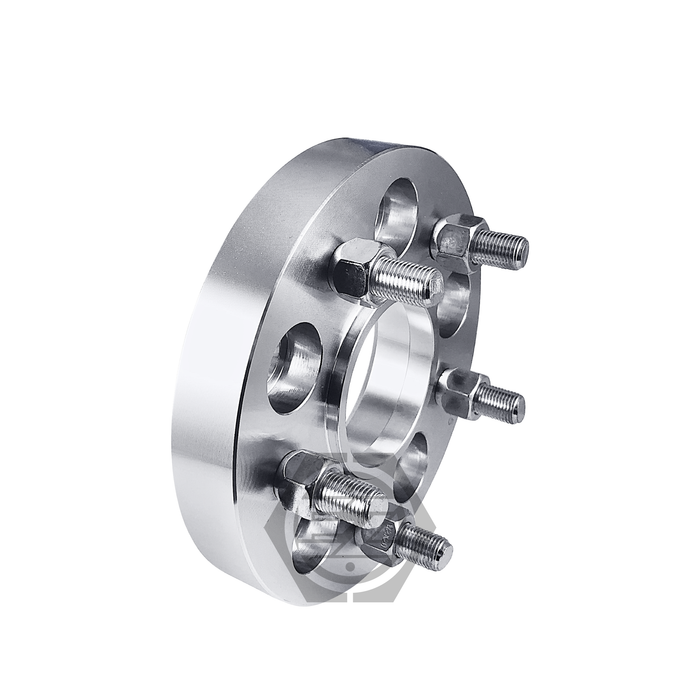 The Hub Centric Wheel Adapter 5 Lug 4.5 for Lexus Toyota 60.1mm (Pair) is crafted from 6061 T6 billet aluminum with five threaded bolts and circular holes, featuring a shiny silver surface that reflects light.