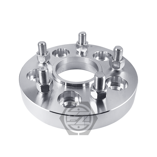 A Hub Centric Wheel Adapter 5 Lug 115 to 5 Lug 115 in silver billet aluminum with five protruding bolts is shown on a white background. It has circular center holes and a subtly visible logo, emphasizing its hub centric adapter design.