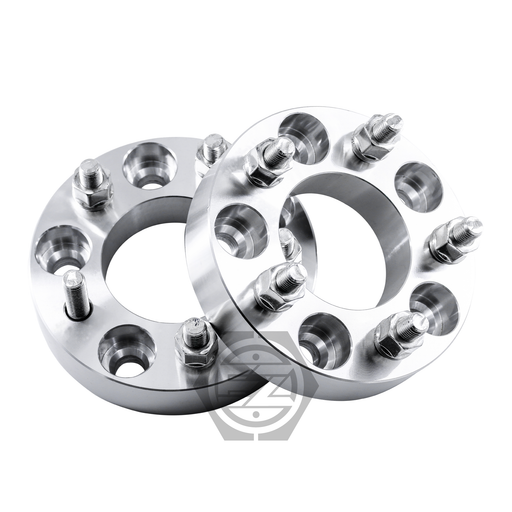 The Wheel Adapter 5 Lug 135 To 5 Lug 135 (Pair) features two polished billet aluminum spacers with multiple lug holes and protruding bolts, designed for a 5 lug 135mm pattern, set against a white background.