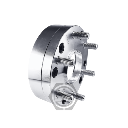 A cylindrical Hub Centric Wheel Adapter 5x4.5 To 6x5.5, made from billet aluminum with a central hole and multiple bolts, including six protruding ones, is designed for automotive use and placed against a white background with a hexagonal logo beneath it.