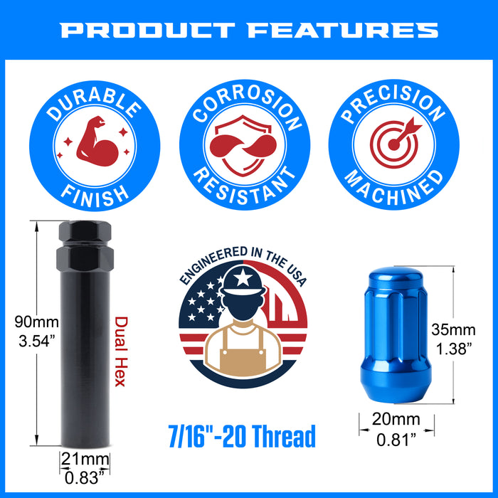 Spline Drive Tuner Lug Nuts 7/16" Blue