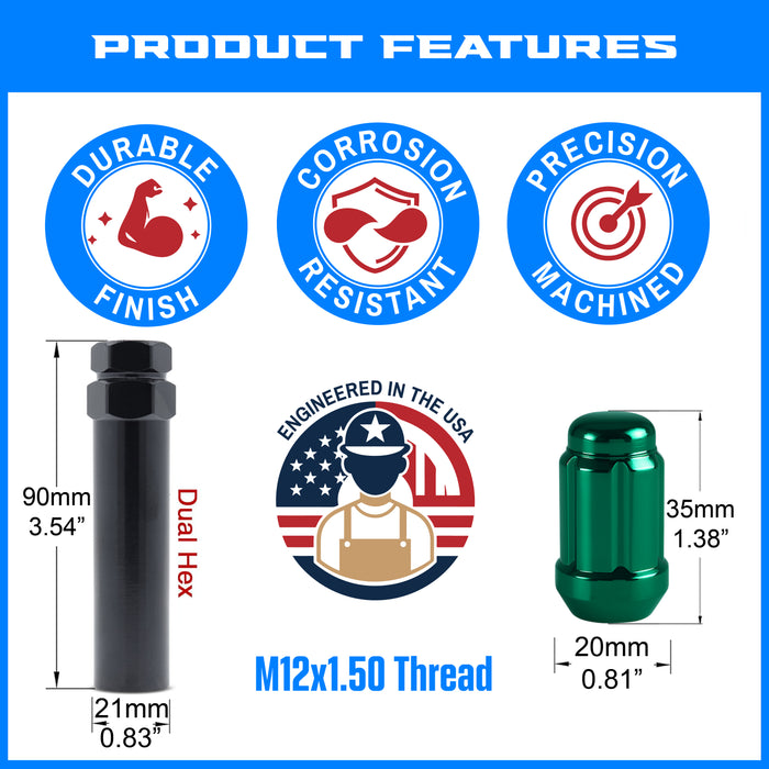 Spline Drive Tuner Lug Nuts 12x1.50 Green