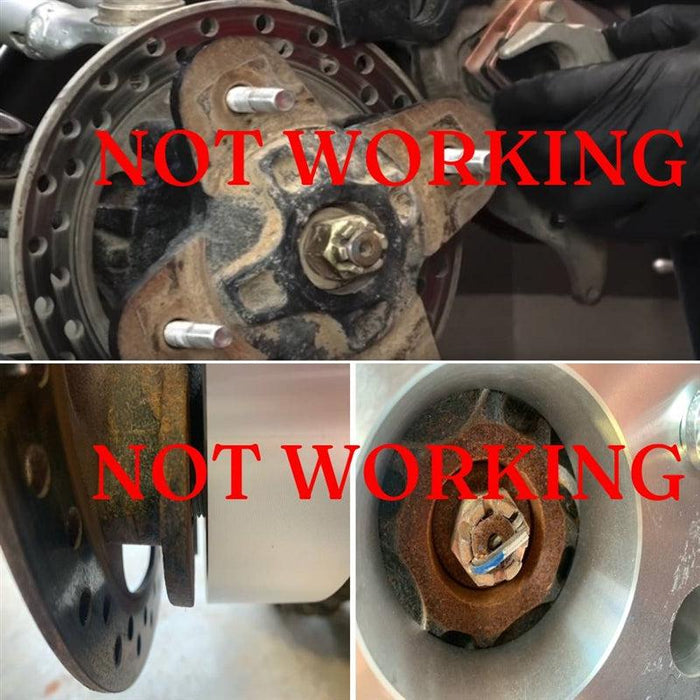 A collage shows two mechanical setups labeled NOT WORKING in bold red. The top image features a rusty wheel hub assembly; the bottom left displays a close-up of a wheel disc, and the bottom right reveals a worn-out hub with an ATV Wheel Adapter 4x156 To 4x137 (Pair) and center bolt.