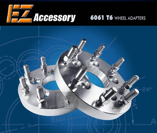 Two metal wheel adapters with bolts are shown against a blue background with technical drawings. The top displays EZ Accessory Wheel Adapter 5x4.75 To 8x180 Thickness 1 (Pair), ideal for those needing an 8x180 Bolt Pattern or Corvette Wheels Adapter.