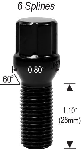 Black Spline Lug Bolt 14x1.25 Thread 28MM Shank