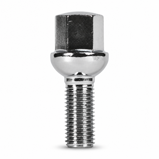 Silver M12x1.5 lug bolt with ball seat, 33 mm shank and hex head.