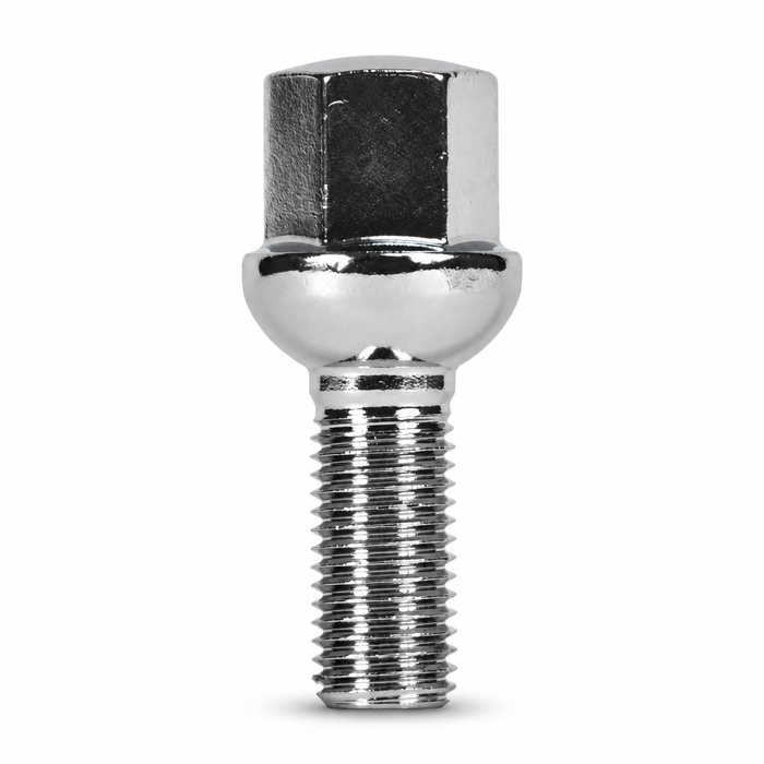 Silver M12x1.5 lug bolt with ball seat, 33 mm shank and hex head.