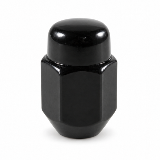 Black 7/16" acorn lug nut with a closed rounded cap and tapered seat.