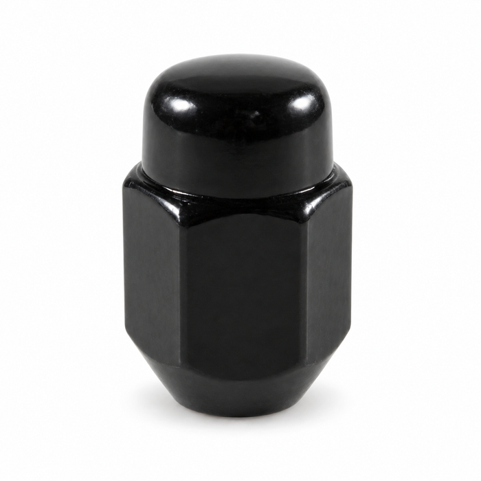Black 7/16" acorn lug nut with a closed rounded cap and tapered seat.