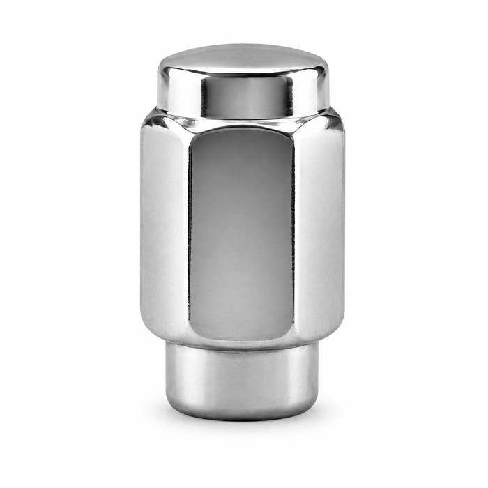 Silver M12x1.5 short mag lug nut with a closed cap, hex body and short cylindrical shank.