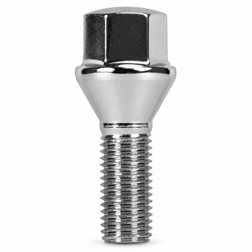 Silver M14x1.5 lug bolt with conical seat, 45 mm shank and hex head.
