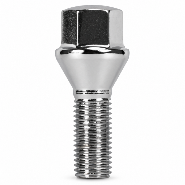 Silver M14x1.5 lug bolt with conical seat, 45 mm shank and hex head.