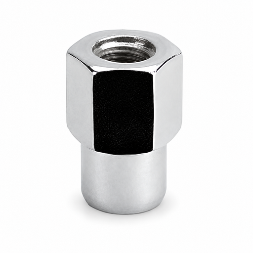 Silver 7/16-20 open-end medium mag lug nut with a hex body, threaded center and cylindrical shank.