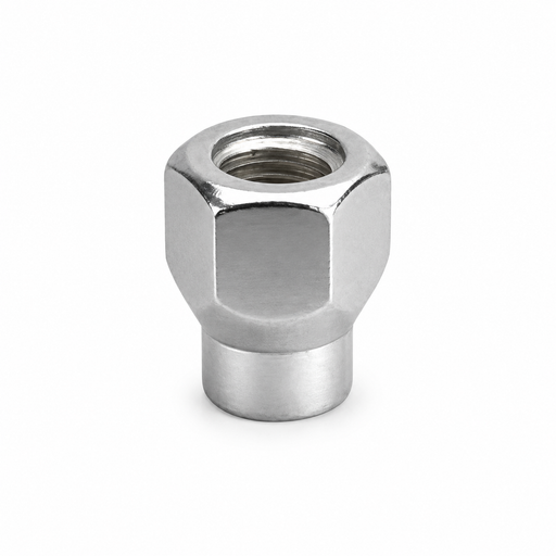 Silver M12x1.5 open-end ET lug nut with visible internal threads and a short cylindrical extension.