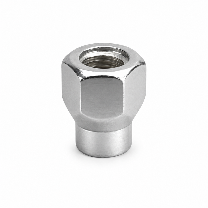 Silver M12x1.5 open-end ET lug nut with visible internal threads and a short cylindrical extension.