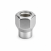 Silver M12x1.5 open-end ET lug nut with visible internal threads and a short cylindrical extension.