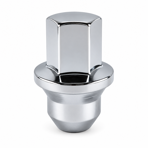 Silver ET duplex bulge conical lug nut for Dodge Caravan with 3/4-inch hex, closed top and lower extension.