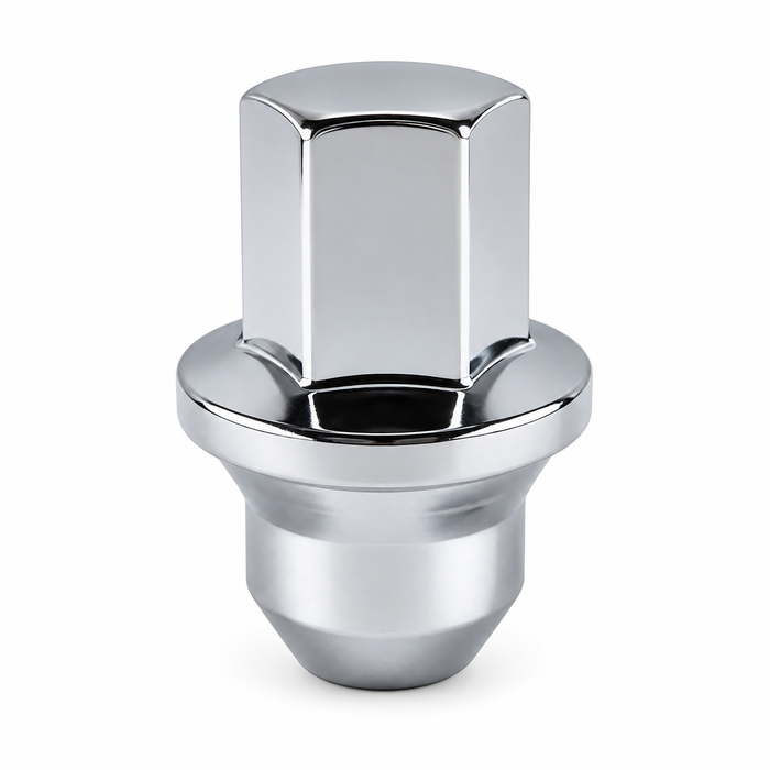 Silver ET duplex bulge conical lug nut for Dodge Caravan with 3/4-inch hex, closed top and lower extension.