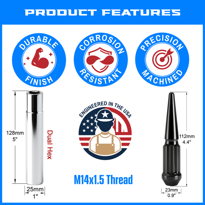 14x1.5 Black Spline Spike Lug Nuts 4.4" Long Bulge Acorn with Key