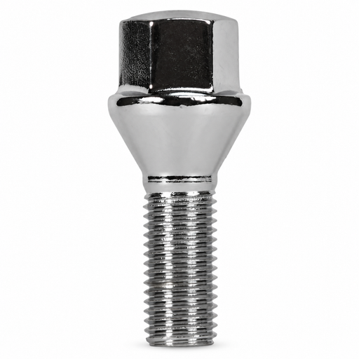 Silver M14x1.5 lug bolt with conical seat, 50 mm shank and hex head.