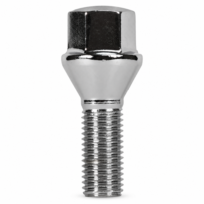 Silver M14x1.5 lug bolt with conical seat, 50 mm shank and hex head.