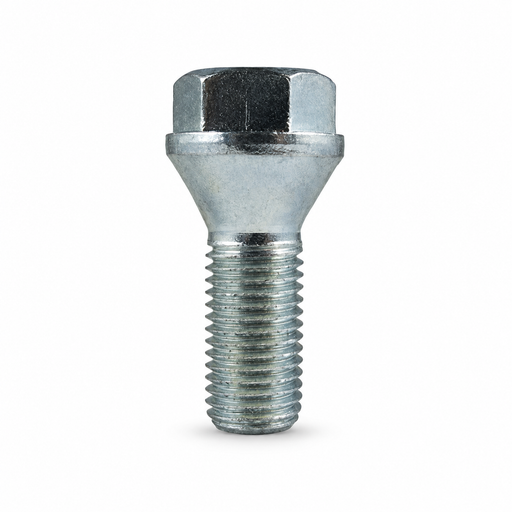 Gray M14x1.5 lug bolt with conical seat, 26 mm shank and short hex head.
