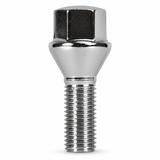 Silver 1/2-inch lug bolt with conical seat, 27 mm shank and hex head.