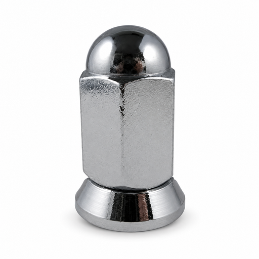 Silver M14x1.5 dualie acorn lug nut with a domed closed top and fitted base washer.