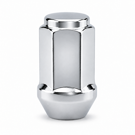 Silver M12x1.5 bulge acorn lug nut with a shallow closed cap, long hex flats and tapered base.