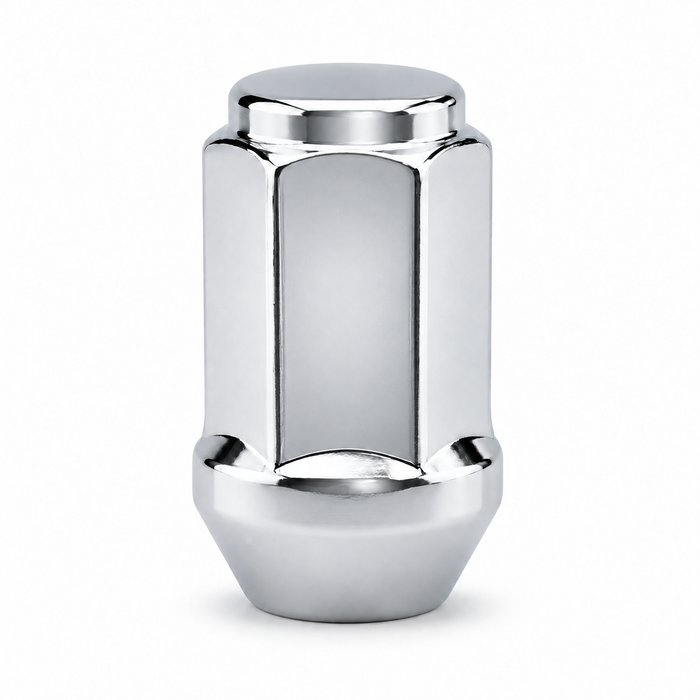 Silver 7/16" bulge acorn lug nut with a shallow closed cap, long hex flats and tapered base.