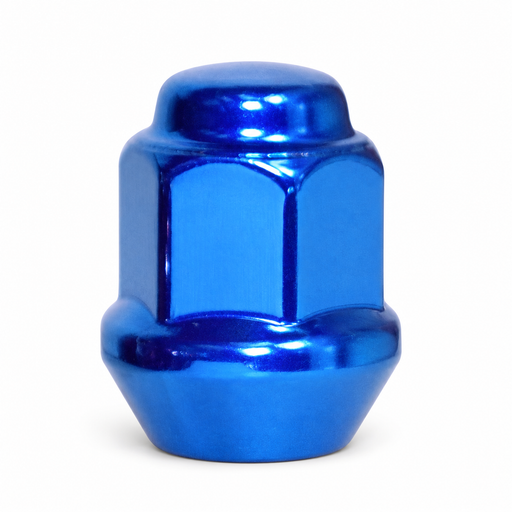 Blue M10x1.25 ATV bulge lug nut with a closed cap and broad tapered seat.