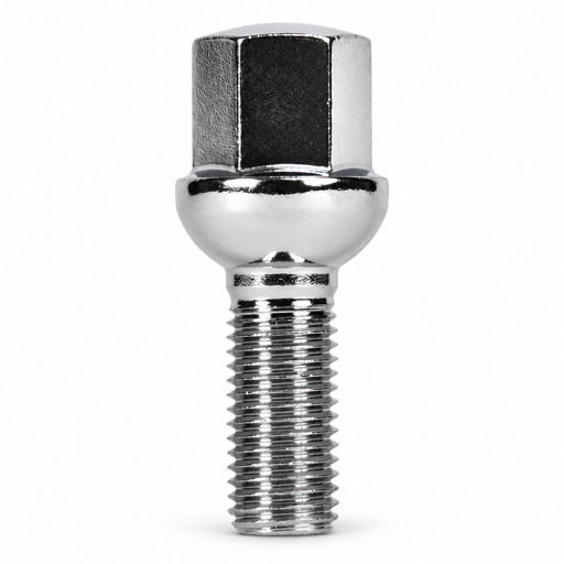 Silver M12x1.5 lug bolt with ball seat, 45 mm shank and hex head.