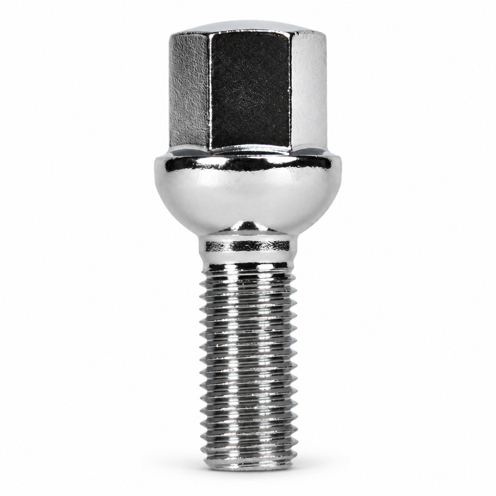 Silver M12x1.5 lug bolt with ball seat, 45 mm shank and hex head.