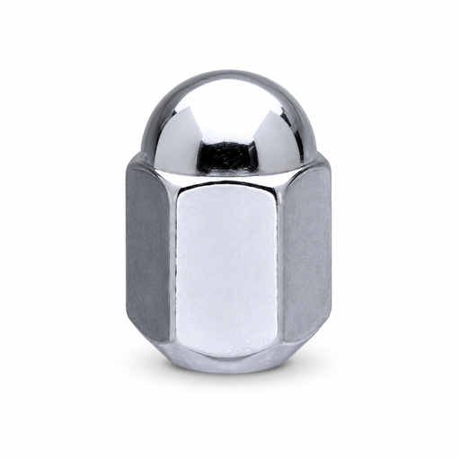 Silver M14x1.5 short dualie acorn lug nut with a rounded closed dome and hex body.