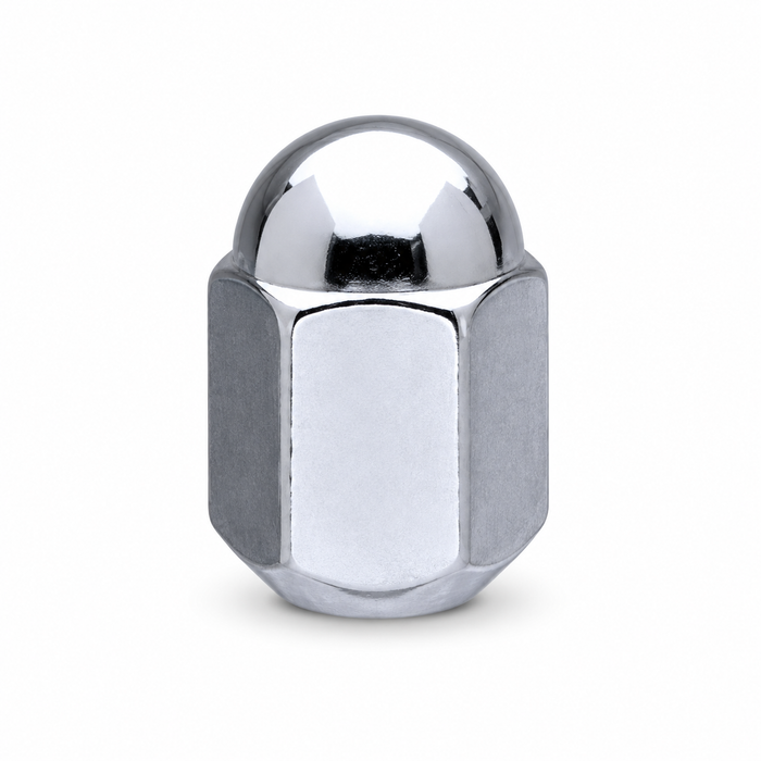 Silver M14x1.5 short dualie acorn lug nut with a rounded closed dome and hex body.