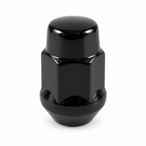 Black 7/16-20 bulge acorn lug nut with a closed rounded cap and tapered base.