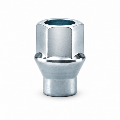 Silver M14x1.5 open-end ET lug nut with a hex body, conical seat and cylindrical extension.