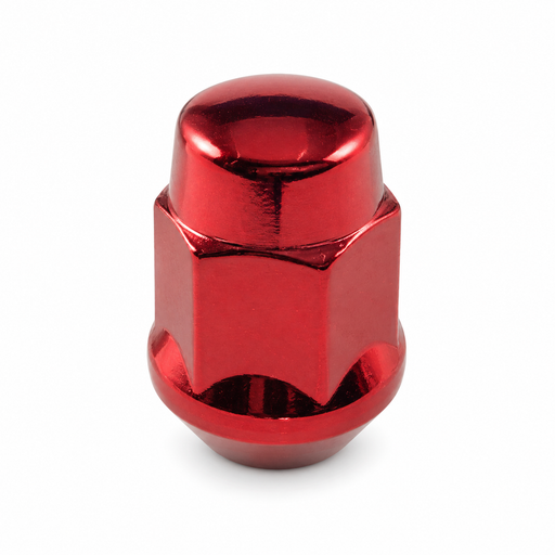 Red M12x1.75 bulge acorn lug nut with a closed rounded cap and tapered base.