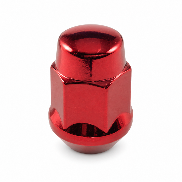 Red M12x1.75 bulge acorn lug nut with a closed rounded cap and tapered base.