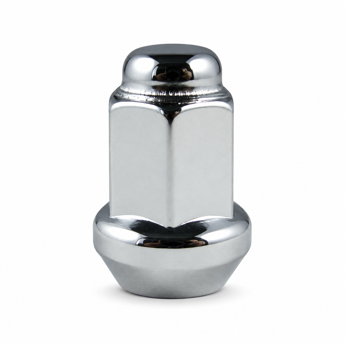 Silver M10x1.25 ATV bulge lug nut with a closed cap and broad tapered seat.
